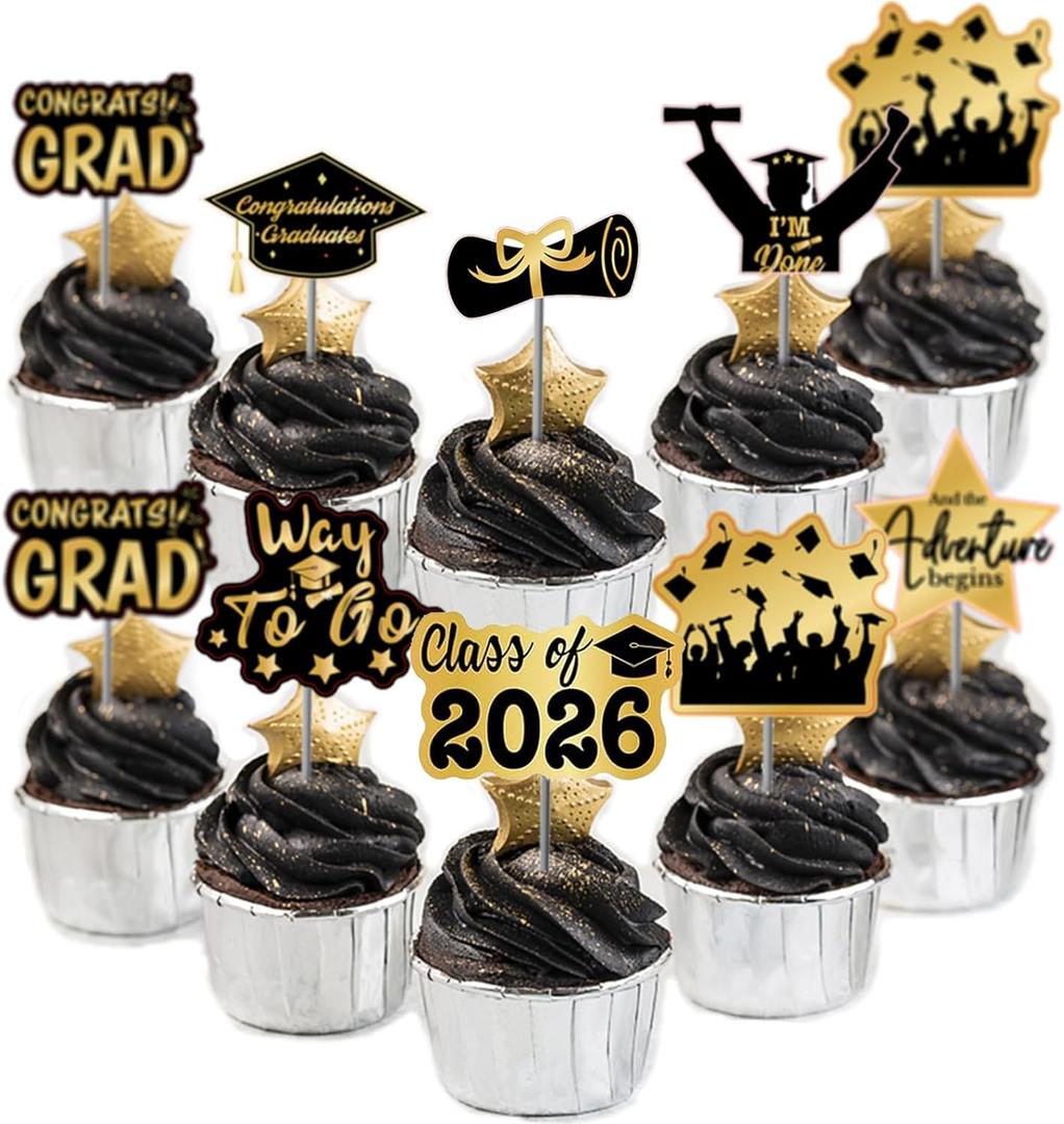 48 Pack Graduation Cupcake Toppers Class of 2026 Graduation Party Decorations,legant Dessert Toppers with 8 Unique Designs, Premium Paper Cake Decor for Grads (Black Glod)
