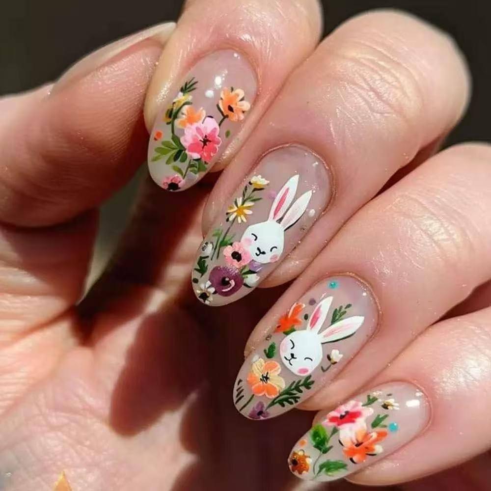 Rabbit Press on Nails Flower Fake Nails White Glue on Nails Glossy Stick on Nails Medium Almond False Nails Artificial Acrylic Eater Nail for Women Girls Manicure 24Pcs