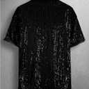 OYOANGLE Men's Sequin Shiny Button Down Shirt Short Sleeve Collared Shirts Party Holiday Tops (Black, XXL)