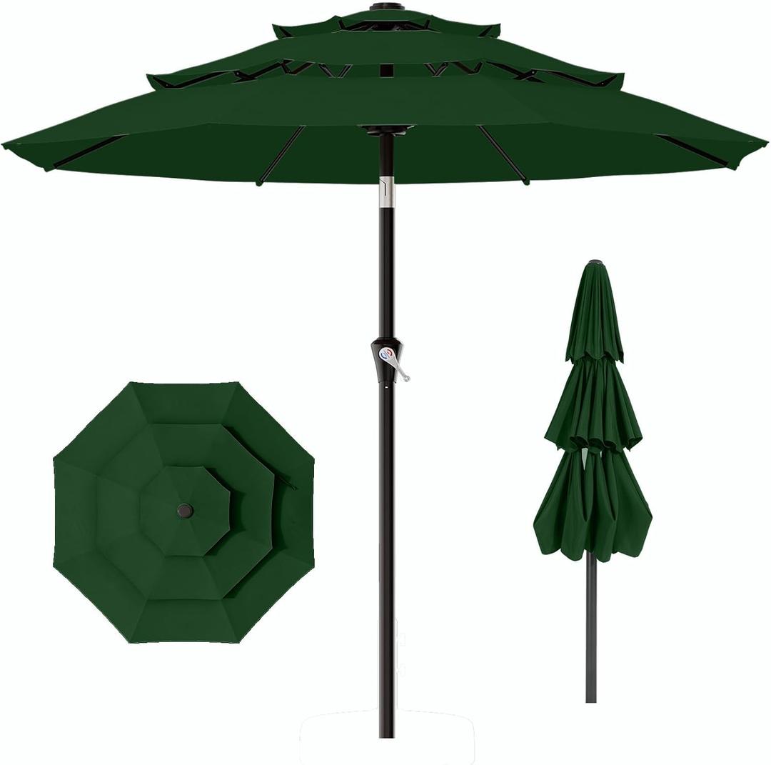 AreShark 9ft 3-Tier Patio Umbrellas, Outdoor Umbrella with 8 Sturdy Ribs UV Protection Windproof, Market Table Umbrella w/Push Button Tilt & Crank for Pool, Porch, Deck, Garden(Dark Green)