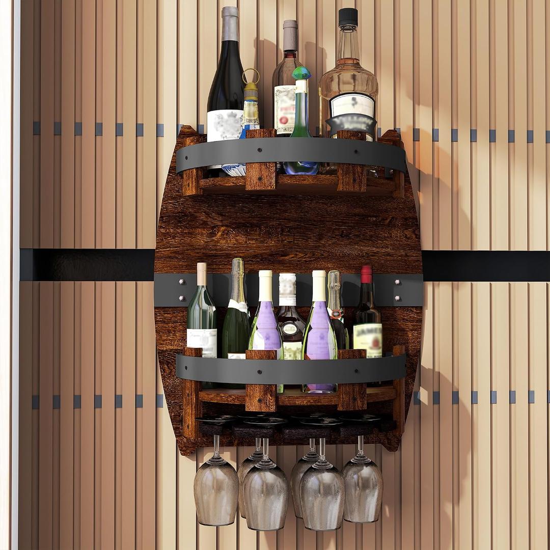 Whiskey Barrel Shelf Wall Mounted, Vintage Wine Rack With Glass Holder