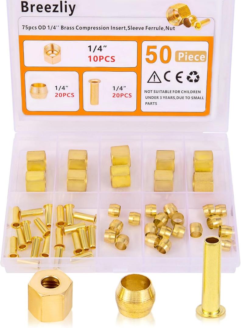 1/4 Inch OD Brass Compression Insert,Sleeve Ferrule,Nut 50PCS