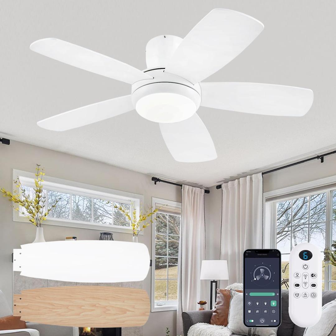 KNUN 42 Inch Ceiling Fan with Light and Remote/App Control, Low Profile Ceiling Fans with Lights,Flush Mount, Double-sided Blades, 3CCT, Dimmable, Noiseless, white Ceiling Fan for Indoor/Outdoor Use