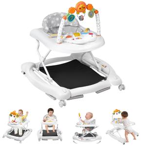 Baby Walker, 5 in 1 Baby Walkers for Boys Girls 6-12 Months, Foldable Walkers for Babies with Bouncer & Feeding Tray, Music, Adjustable Heights, Activity Walker for Infant, e-white