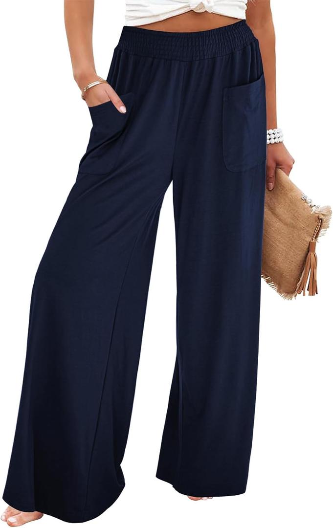 GRAPENT Wide Leg Pants for Women High Wasited Baggy Palazzo Pants Casual Pull On Bell Bottom Smocked Elastic Waist Pants (Small, Dark Blue)