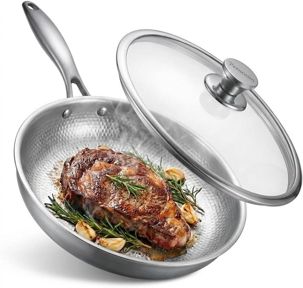 Titanium Frying Pan with Lid, 11.8" Uncoated Hammered Skillet for Cooking, PFAS/PFOA/PTFE Free Nonstick Cookware, Scratch Resistant, for Induction & Gas, Oven, Dishwasher Safe