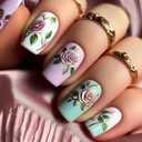 Square Press on Nails Medium Fake Nails Blue False Nails with Gold Flower Pattern Designs Spring Acrylic Glue on Nails Natural Floral Stick on Nails Reusable Kit for Women Girls, 24 Pcs