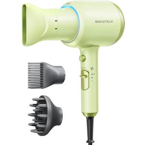 Wavytalk Hair Dryer with Diffuser, Blown Away Ionic Hair Dryer for Curly Hair with Comb, 1875W Fast Drying Blow Dryer with Ceramic Technology, 3 Attachments for All Hair Types, Light and Quiet, Green