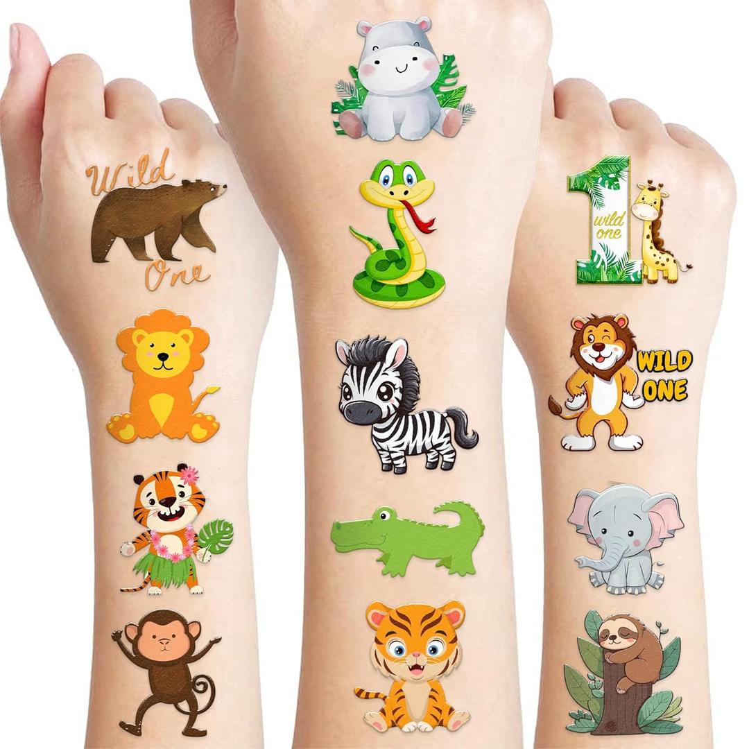 60 PCS Wild One Jungle Animal Pre-Cut Temporary Tattoos Sticker 1st First Birthday Decorations Party Supplies Favors Gifts Boys Girls Safari Zoo Cute Fake Tattoo School Reward Themed