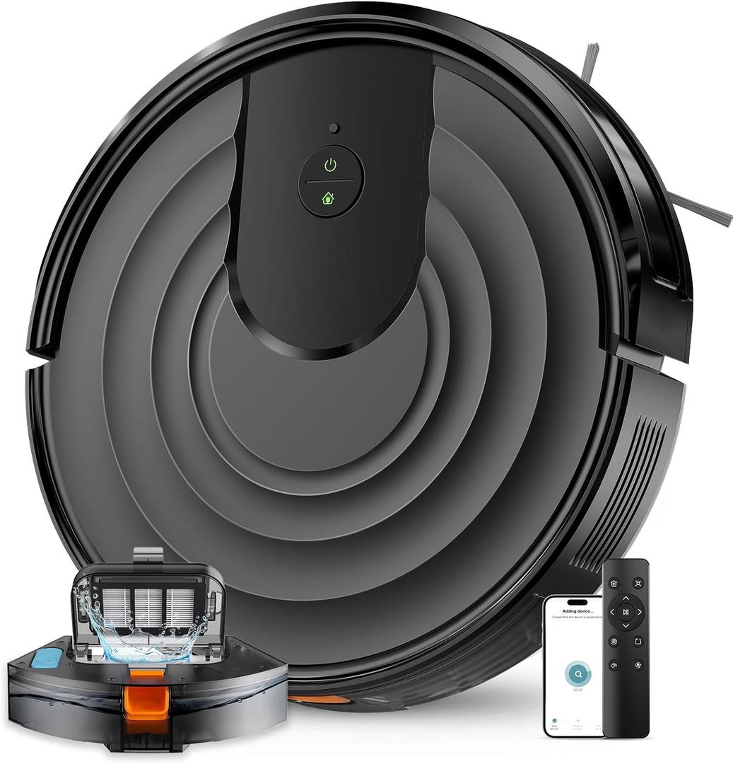 Robot Vacuum and Mop Combo 5000Pa 650mL 2 in 1 Mopping Robot Vacuum Cleaner Schedule WiFi/Alexa/App Smart Self-Charging Robotic Vacuum Ultra-Slim Quiet Tangle-Free Ideal for Hard Floor Pet Hair Carpet (Black)