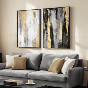 Large Framed Black and White Abstract Wall Art for Living Room, Set of 2 Piece Minimalist Canvas Prints Paintings Artwork for Walls, Modern Black Gold Pictures for Hallway Office Wall Decor Big Size, (36" H x 48" W, Gilded)