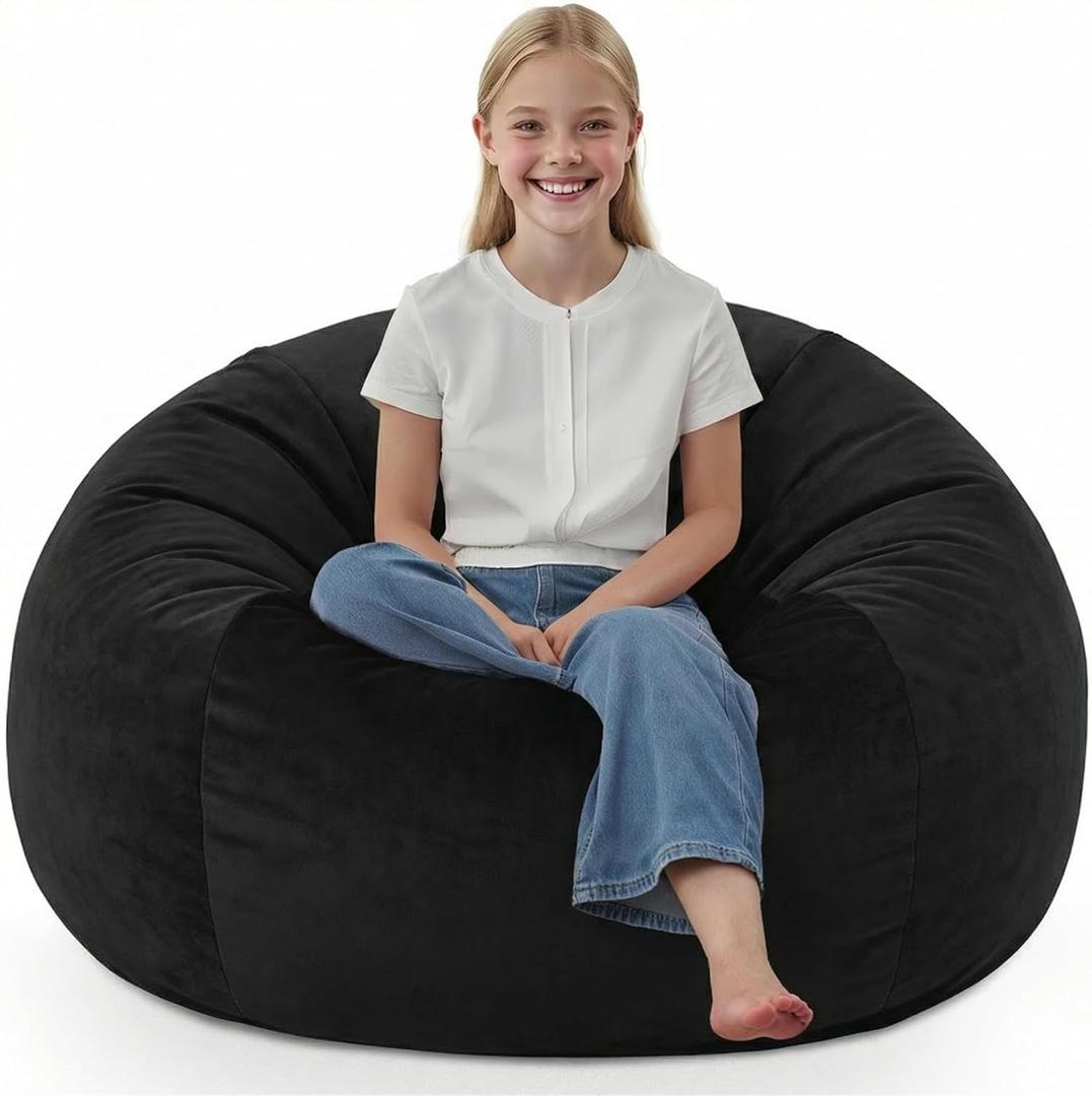 2FT Bean Bag Chair, Comfy Bean Bag Chairs with Memory Foam Filled, Fluffy Beanbag Sofa with Dutch Velvet Cover, Teardrop BeanBag Chairs for Living Room, Playroom - Black