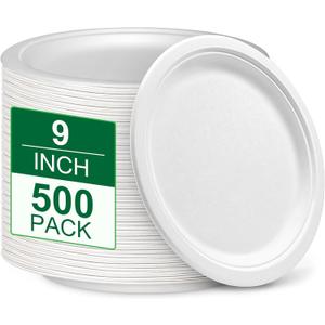 9 inch Paper Plates Bulk 500 Pack, 100% Compostable Plates Heavy Duty Sturdy, White Plates Disposable Recycled Eco Friendly Biodegradable Sugarcane Plates