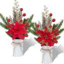 2 Pcs Christmas Centerpiece Table Decorations Christmas Floral Picks and Sprays Potted Plants with Poinsettia Berries Stems for Home Desktop Farmhouse Party Decor (14") (Red)