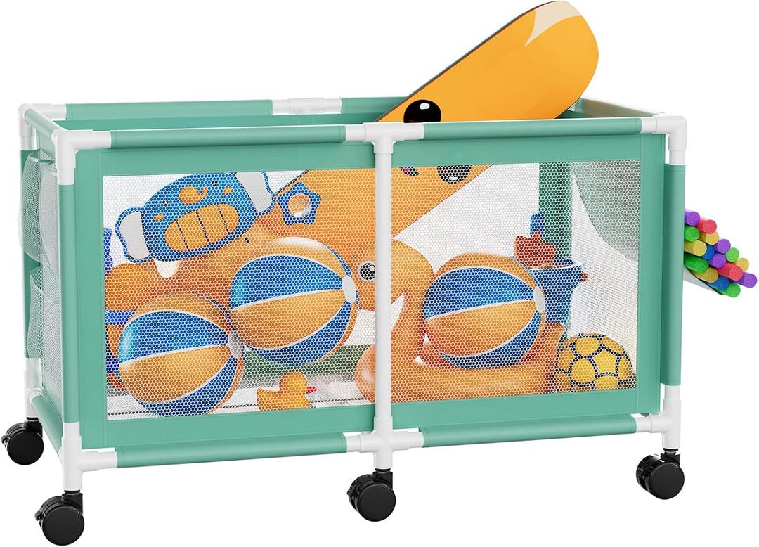 280 Gallon 69" Pool Storage Bin XXL Extra Large Swimming Pool Float Storage Bin, Pool Noodles Holder, Toys, Floats, Balls and Floats Equipment Mesh Rolling Bin for Garden Lawn, 69" Lx32 Wx35 H (Mint Green)
