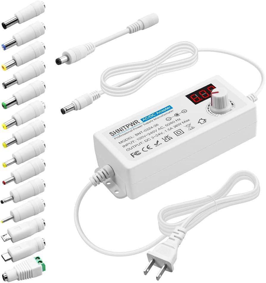 SHNITPWR 3V ~ 12V Power Supply 60W Universal Adjustable AC Adapter 100V-240V AC to DC 3V 4V 4.5V 5V 6V 9V 10V 12V Variable Power Converter 5A Max with 14 Tips Polarity Converter LCD Display, White