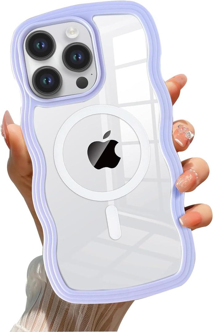 QLTYPRI Magnetic for iPhone 14 Pro Case Compatible with Magsafe, Cute Curly Wave Frame Clear Case for Girls Women,Transparent TPU Bumper Shockproof Protective Phone Cover for iPhone 14 Pro - Purple