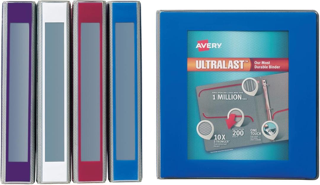 Avery Ultralast 3 Ring Binder, 1.5 Inch Slant Rings, Color Will Vary, 1 Binder (79738) (Assorted)
