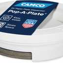 Camco Pop-A-Plate Plastic Plate Dispenser - Measures 10.2" Diameter x 2.6" Tall - Holds 9" Paper Plates - Ideal for Compact Spaces, RVs and Trailers - Mounts Under Cabinets or Shelves - White (57001)