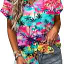 Women Hawaiian Shirt Soft Cool Summer Hawaii Tshirts Beach Tropic Print V Neck Button up Tops Floral Short Sleeve Tops (Medium, Colour)