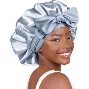 YANIBEST Adjustable Silk Bonnet for Sleeping Women Double Layer Satin Bonnet Reduce Friction Prevent Frizz Curly Hair (Large, Blue)