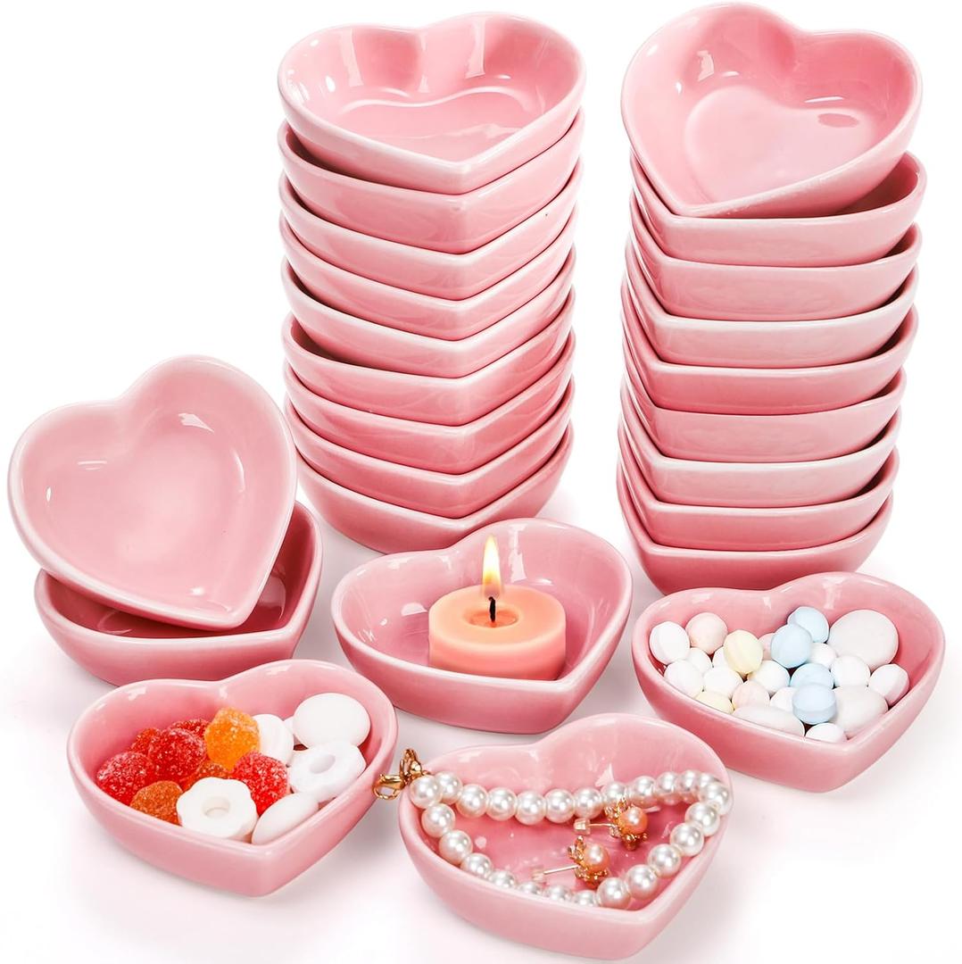 WUWEOT 24 Pack Pink Heart Shape Sauce Dish, 3 Inches Ceramic Side Bowl, Mini Appetizer Plates, Jewelry Ring Dish Tray, Salad Dish Seasoning Holder for Wedding Birthday Party Valentine's Day