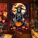 HOMETITUTE Halloween Window Film 31x47 Inch Skeleton Cat Pumpkin Witch Skull Moonlight Scene Decorative Privacy Windows Sticker Spooky Window Film for Halloween Party Glass Door Decor
