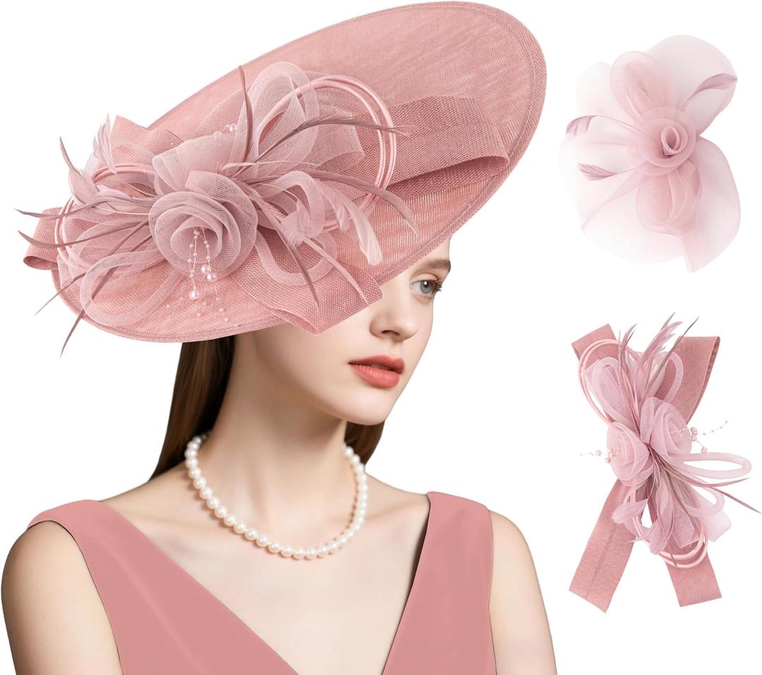 dressfan Wide Brim Fascinator Derby Hats for Women,20s Detachable Flower Hat with Headband for Derby Church Wedding Tea Party (X38-Dusty Pink)