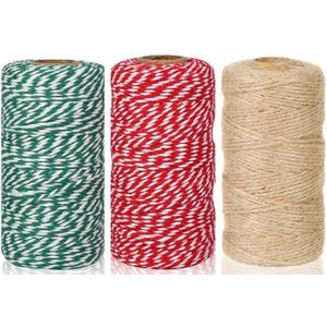 Christmas Cotton Twine Natural Jute 2mm Packing 984 Feet Bakers Kraft Butchers Baking Gardening Twine for Gift Wrapping Arts Crafts Party Decorations(Brown Green Red)