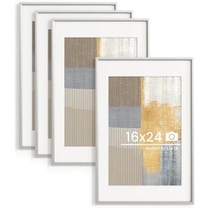 16x24 inch Metal Poster Frame - 16 x 24 Thin Aluminum Picture Frames Matted for 12x18 Photos, Artworks, Prints, Puzzle - High Definition Plexiglass - Vertical and Horizontal Display - Wall Hook Hanging Hardware Included - Silver, 4 Pack