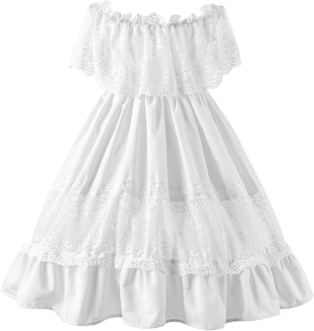 fioukiay Toddler Girl-Wedding-Princess-Maxi-Dress Boho Off Shoulder Lace Ruffle Dress Gowns Holiday Dresses (9-10 Years, White)