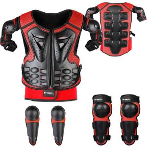 Youth Dirt Bike Gear, JUSTDOLIFE 5 PCS Motorcycle Armor Protection Jacket, Kids Motorcycle Armor with Knee Pads Elbow Pads Chest Protector Racing for Outdoor Sports (Red), One Size