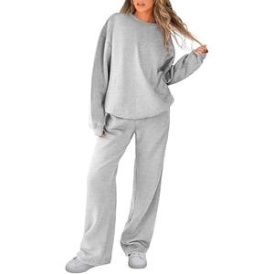 Caracilia Women's 2 Piece Outfits Sweatsuit Oversized Fleece Sweatshirt Wide Leg Pants Y2K Tracksuit Lounge Sets 2024 Fall Grey Small