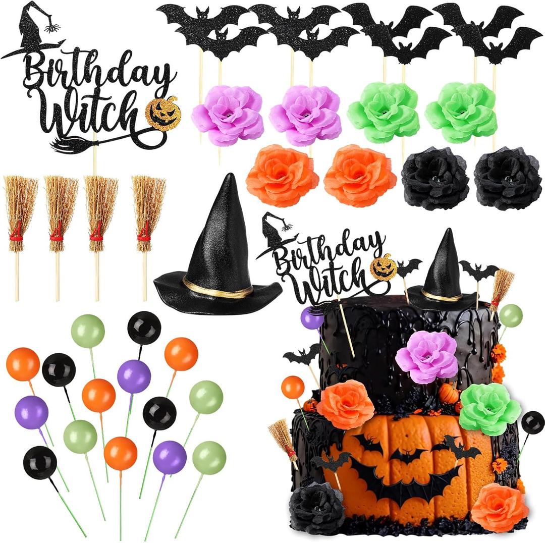 Geelin 38 Pcs Witch Theme Party Supplies Pink and Green Witch Hat Birthday Cake Topper Halloween Mini Broom and Artificial Rose Head Bat Bow Cake Decorations for Women(Bat)