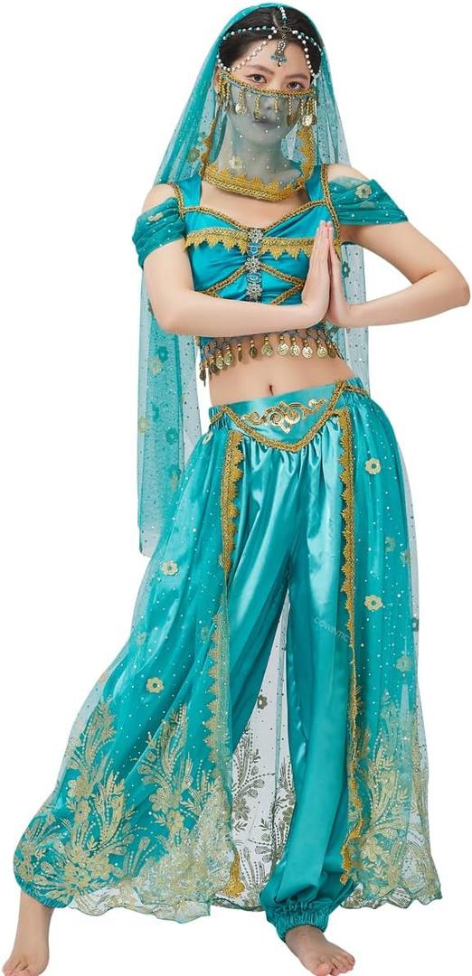 Belly Dance Princess Costume - Aladdin Jasmine Cosplay Outfits Halloween Party Teal Costumes for Women (Large (8-10))