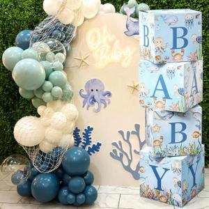 4 Pcs Under The Sea Baby Shower Boxes Ocean Theme Baby Shower Decorations Blocks with Letter Underwater Sea You Soon Party Centerpiece for Backdrop