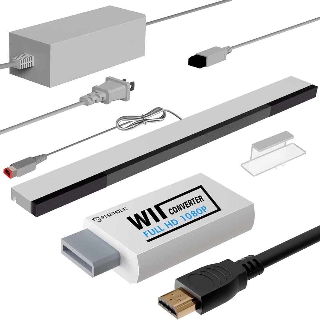 PORTHOLIC 4 in 1 Wii Replacement Cables Set, Wii AC Power Adapter + Wii to hdmi Converter+ Wired Motion Sensor Bar and Composite Audio Video Cable for Nintendo Wii