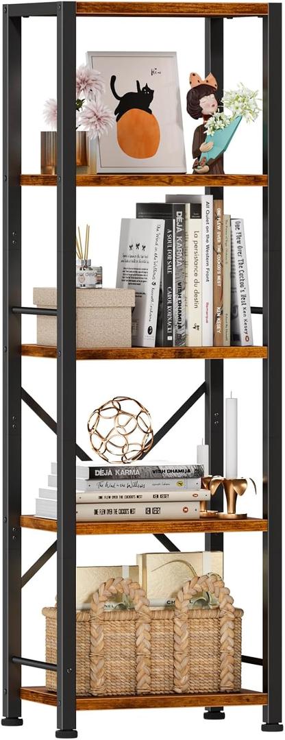 Furologee 5 Tier Tall Bookshelf, Rustic Narrow Bookcase, Display Standing Shelf Units, Metal and Wood Storage Shelves Organizer for Bedroom, Living Room, Home Office, Entryway, Kitchen, Rustic Brown