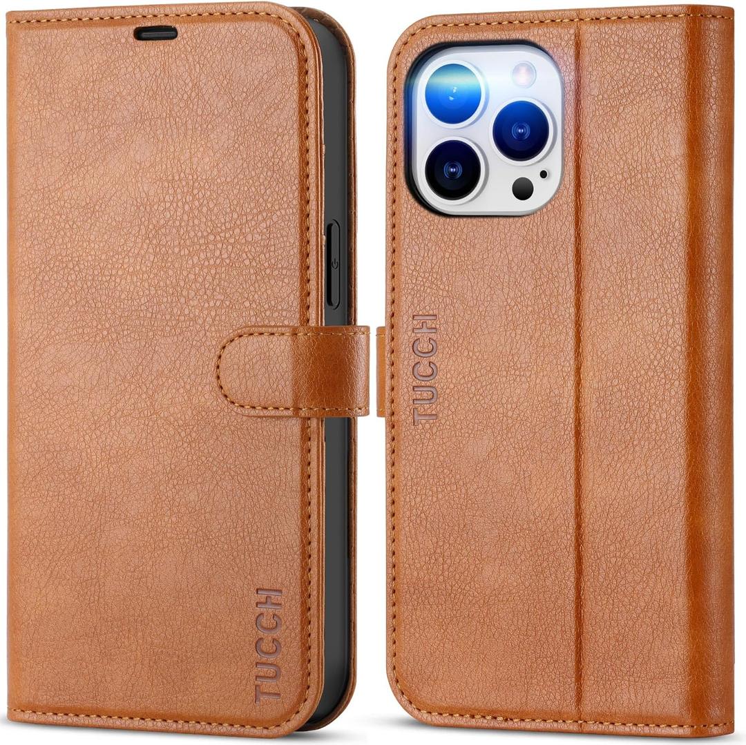 TUCCH Case for iPhone 14 Pro Max Case Wallet, [TPU Shockproof Inner Shell], PU Leather [RFID Blocking] 4 Card Holder Magnetic Stand Protective Cover Compatible with iPhone 14 Pro Max, Textured Brown