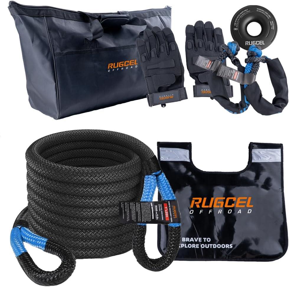 RUGCEL Kinetic Recovery Rope kit (30,360 lbs) Heavy-Duty Gloves, Soft Shackle, Snatch Block, Suitable for ATV, UTV Trucks,Car