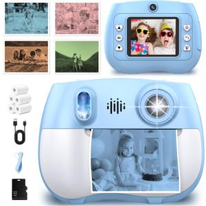 Kids Camera Instant Print 1080P Front Rear Dual Selfie - Kids Digital Camera with Video Games, 32GB & 5-Color Print Paper/ 250 Photos,Easy to Use & Great Toys Gifts for Boys Girls, Ages 3-12 (Blue)
