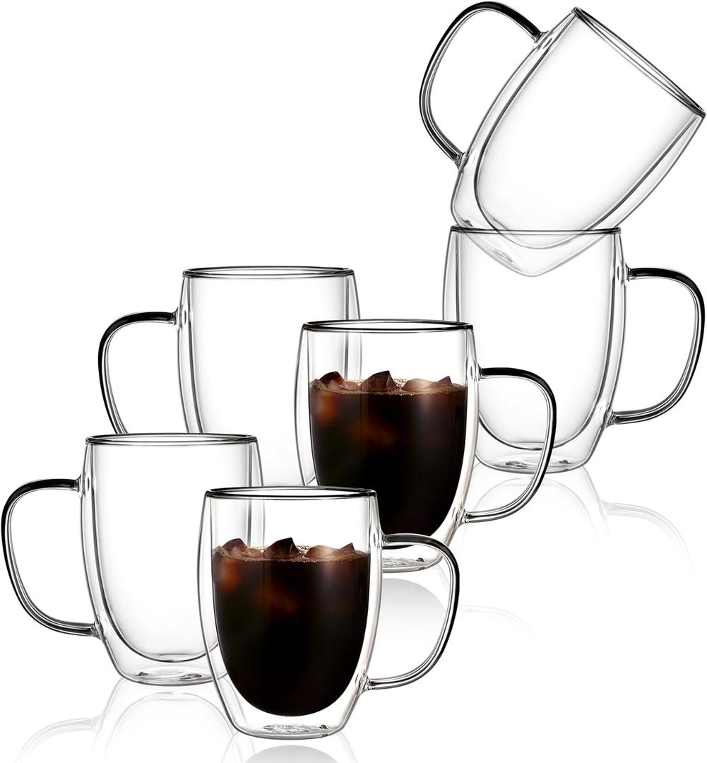 CNGLASS 6 Pack Double Walled Glass Coffee Mugs12oz Clear Coffee Cups with HandleInsulated Glass Espresso Mugs for Latte,Cappuccino,Tea