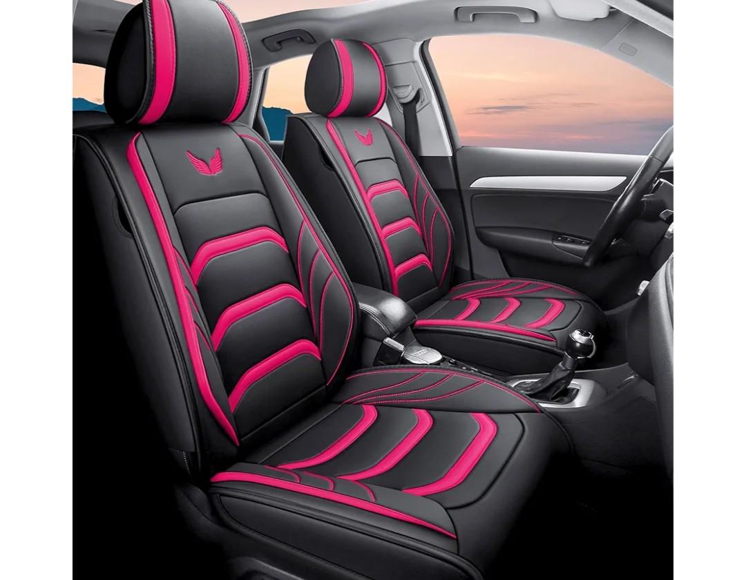 5-Seater Full Set Universal Type Suitable for Most Cars, SUV TrucksPickup Ttrucks Airbags Compatible with Synthetic Leather Car Seat Cushion (Black-Rose)