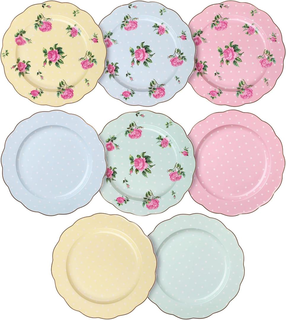 BTaT- Porcelain Floral Plates Set of 8, 8 Inch, Assorted Pastel Colors with Golden Rim, Floral Dessert Plates, Spring Dinnerware, Dishwasher & Freezer Safe, Mothers Day Gift