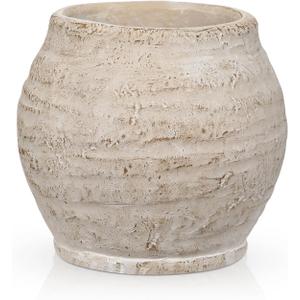 Briful Rustic Vintage Ceramic Pottery Vase, 5.1'' Farmhouse Table Decor with Distressed Texture, Wide Mouth Decorative Jar Vases for Home Decor, Shelf & Entryway, Cream White