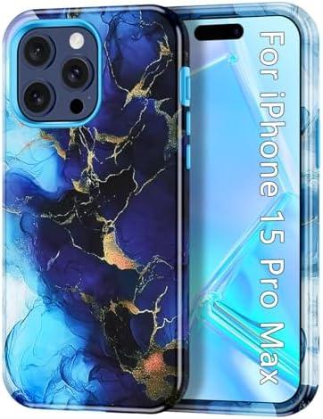 CASEFIV Compatible with iPhone 15 Pro Max Case,Marble Pattern 3 in 1 Heavy Duty Shockproof Full Body Rugged Hard PC+Soft Silicone Drop Protective Women Girls Cover for iPhone 15 Pro Max, Dark Blue