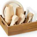 Acacia Wood Utensil Holder for Party, 6-Compartment Paper Plate and Silverware Organizer with Handles, Rustic Utensil Caddy for Parties, Outdoor Gatherings, and Kitchen Countertop Organization