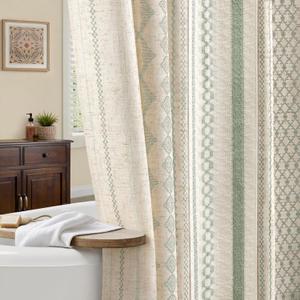 Sage Green Boho Shower Curtain for Bathroom, Linen Striped Print and Twine-Inspired Woven Center,72" W x 72" L