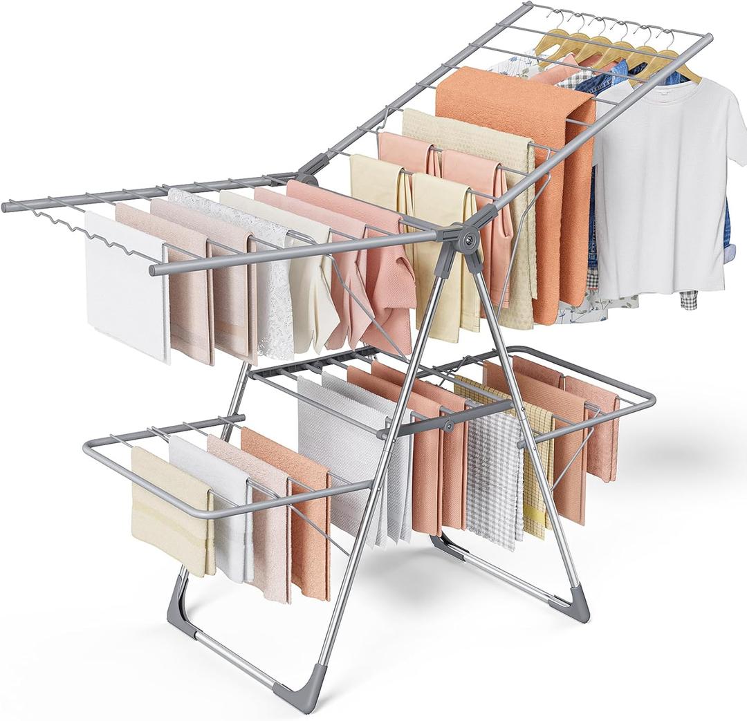 Clothes Drying Rack, Foldable 2-Level Laundry Drying Rack with Height-Adjustable Wings, for Clothing & Bedding, Free-Standing Space-Saving Rack, Indoor & Outdoor, 55.5" L  22.8" W, Gray