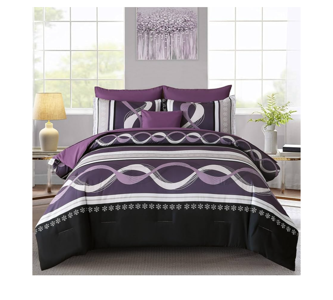 Anibedding Boho Comforter Set,8 Pieces Bed in a Bag Patchwork Striped Comforter Set,Purple Bed Set King Size,Soft Microfiber Boho Bedding Set for All Season